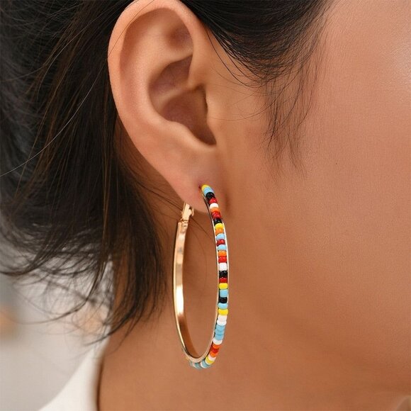 Color Glee Jewelry - Abby Laurel Multicolored Beads on Gold Large Hoop Earrings Gift Packaged
